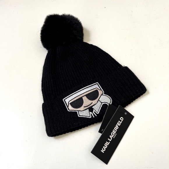 NWT Karl Lagerfeld Paris Beanie Hat Knit PomPom Rhinestones Patch Black